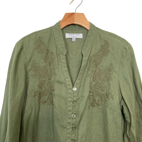 August Silk Options PL 100% Linen Green Blouse Floral Embroidered Button Up Top - Picture 3 of 13